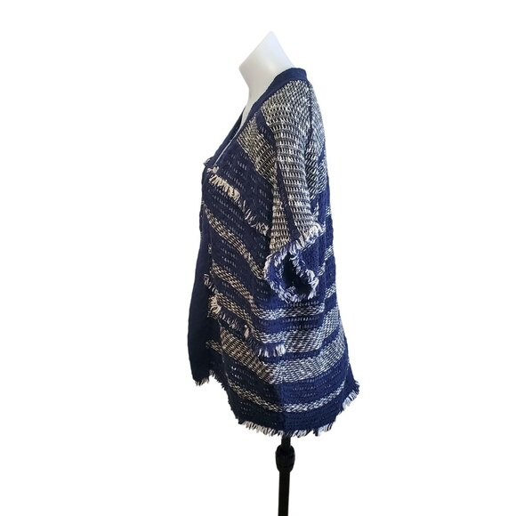 Lucky Brand Blue White Open Front Short Sleeve Boho Fringe Poncho Cardigan XS/S - Picture 5 of 8